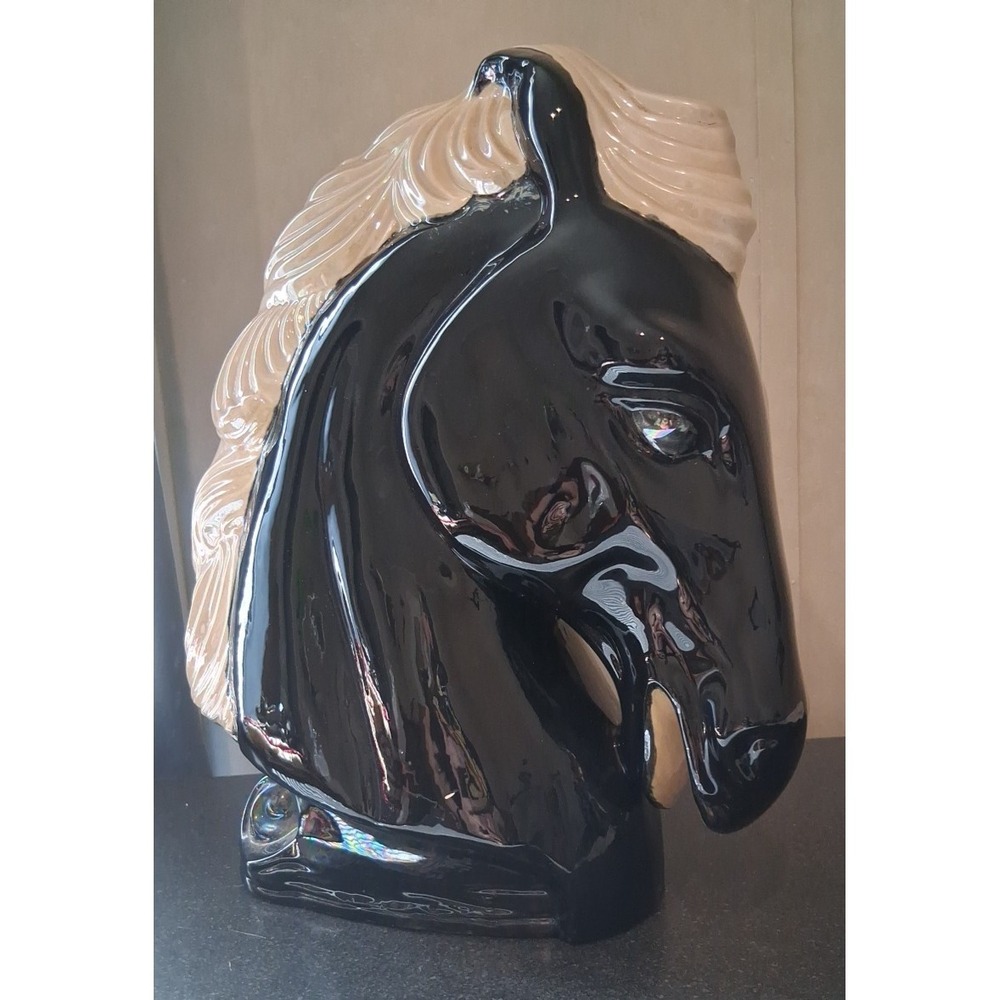 Large Pottery Horse Head Black with White Mane with K Engraved inside